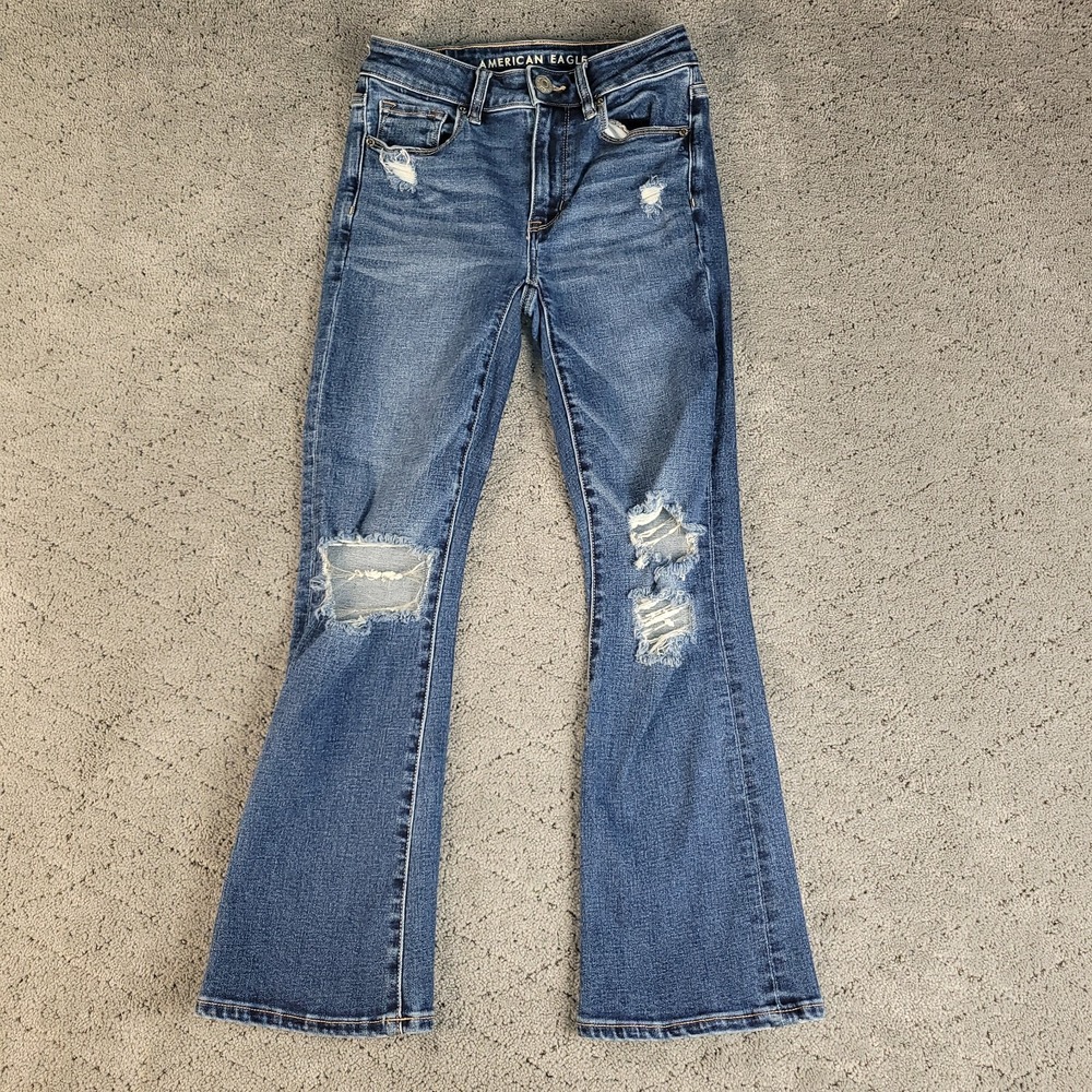American Eagle Jeans Womens 00 Short Blue Hi-Rise Skinny Kick Crop Distressed